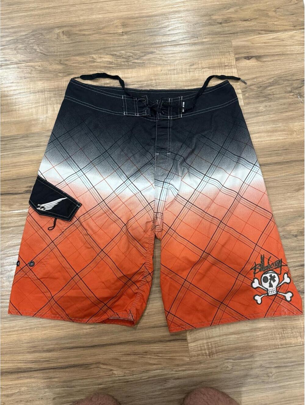 Billabong Skull Board Shorts Men’s Size 34 Orange Plaid Surf Swim Trunks Y2K